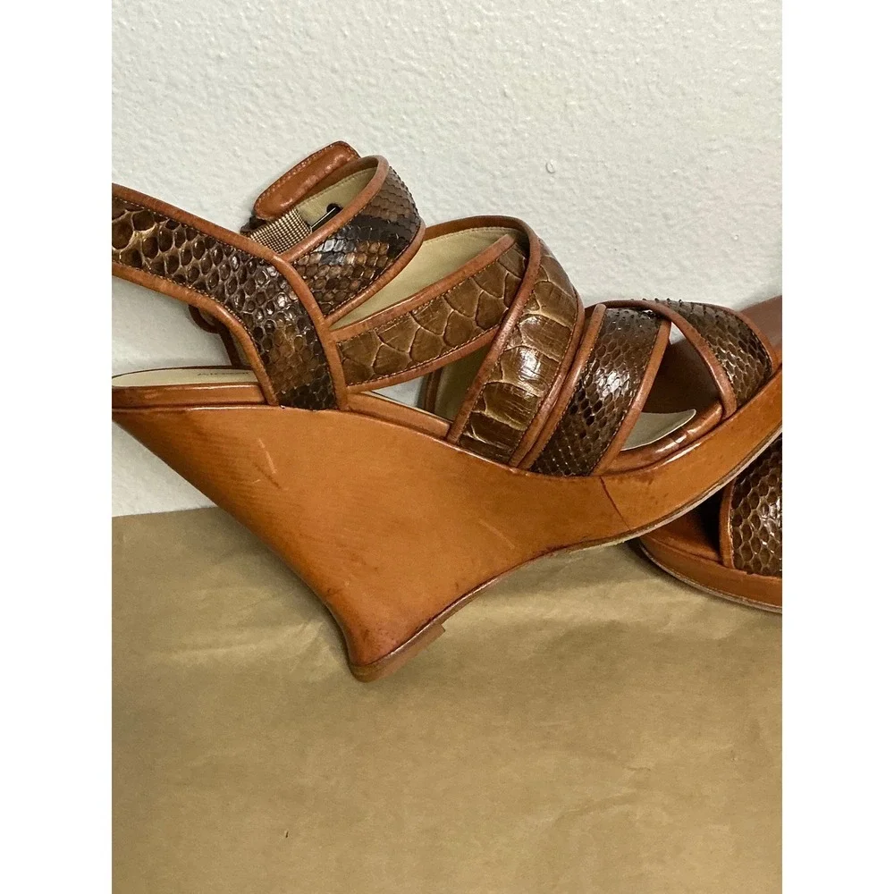 Alexandre‎ Birman Snakeskin Strappy Wedge Sandals Brown Leather Heels